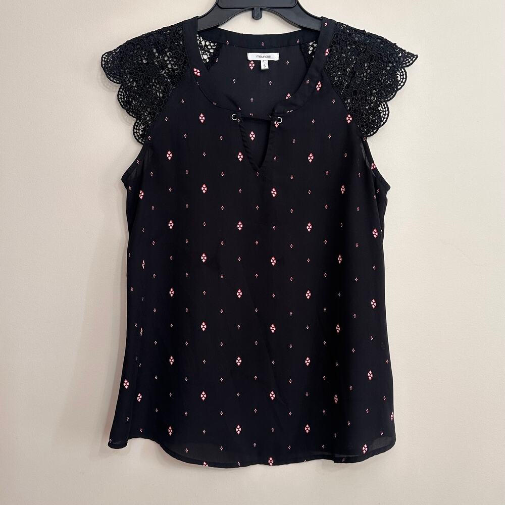 Maurices Black Lace Cap Sleeve Blouse Small Pink Print Keyhole Top